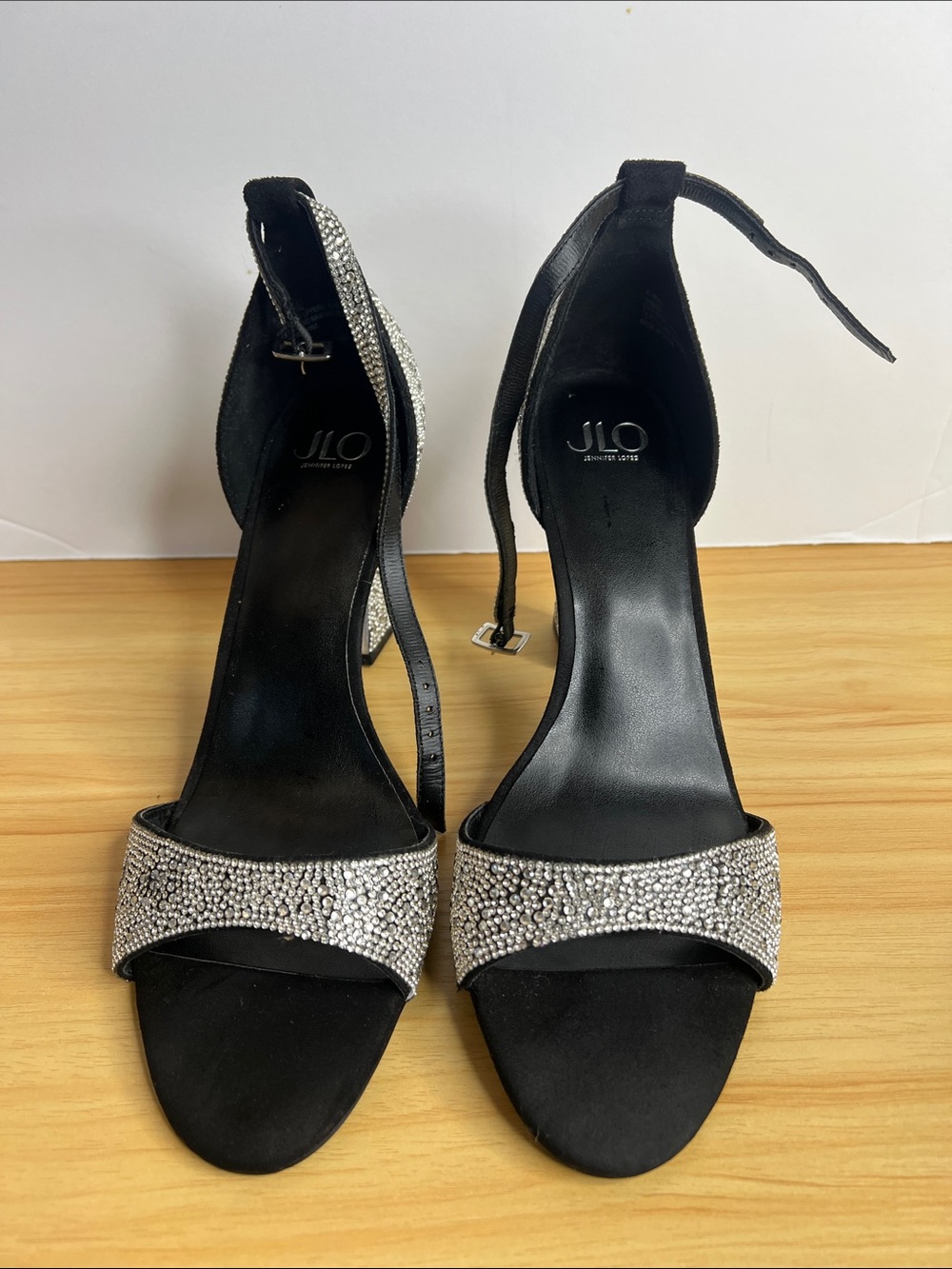 Jennifer Lopez Black Heels with Silver Rhinestone Straps